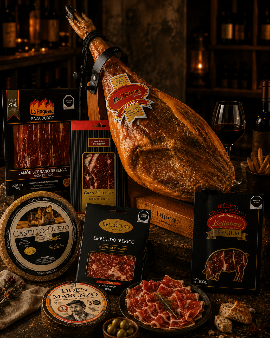 Jamón en jamonera y productos gourmet españoles